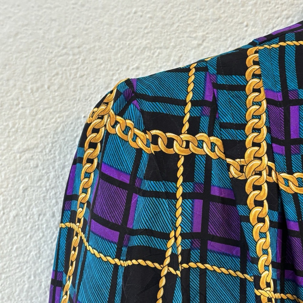 90s Adrianna Papell Silk Shift Dress Womens Blue Purple Plaid Chain Print Bow - Picture 4 of 12